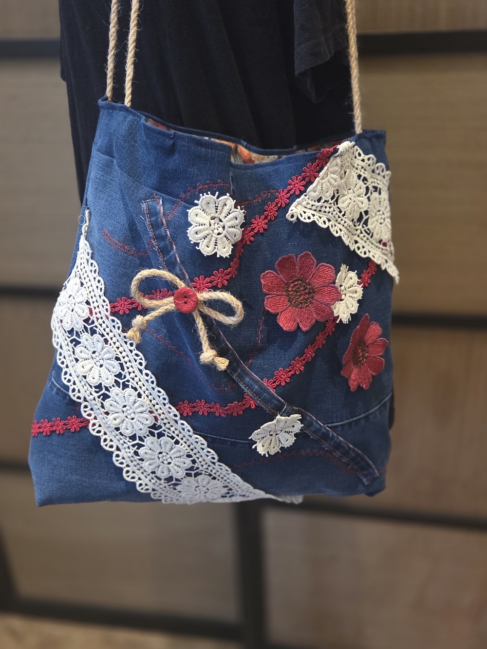 Denim Floral Embroidered Shoulder Bag with Lace Accents